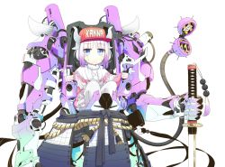 1girl absurdres beads blue_eyes dragon_girl female_focus gradient_hair hair_beads hair_ornament hat highres horns kanna_kamui katana kobayashi-san_chi_no_maidragon light_purple_hair looking_at_viewer mechanization multicolored_hair purple_hair red_hat simple_background sitting solo sword tail vinne weapon white_background white_hair white_legwear