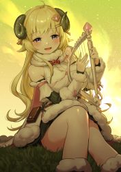 Rule 34 | 1girl, :d, absurdres, ahoge, animal ears, blonde hair, blush, detached sleeves, dress, feet out of frame, grass, hair ornament, hairclip, harp, highres, holding, holding instrument, hololive, horns, instrument, long hair, looking at viewer, music, nemoto yuuma, open mouth, playing instrument, purple eyes, sheep ears, sheep girl, sheep horns, sitting, sky, sleeveless, sleeveless dress, smile, solo, tsunomaki watame, tsunomaki watame (1st costume), very long hair, virtual youtuber, white dress