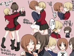 Rule 34 | 10s, ^ ^, blonde hair, blush, brown hair, closed eyes, dancing, darjeeling (girls und panzer), closed eyes, girls und panzer, kiss, multiple girls, nakaya 106, nishizumi maho, nishizumi miho, partially translated, skirt, smile, translation request, uniform, wavy mouth, yuri