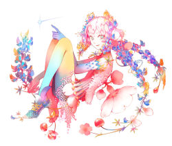 Rule 34 | 1girl, blue eyes, cherry blossoms, colorful, fairy, flower, flower on head, folded, hair flower, hair ornament, ichihashi makoto, long hair, looking at viewer, multicolored eyes, orange eyes, original, petals, pointing, purple eyes, shoes, simple background, single shoe, smile, solo, star (sky), white background
