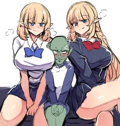Rule 34 | 1boy, 2girls, age difference, blonde hair, blue eyes, blush, bow, bowtie, breasts, child, earrings, elf, goblin, highres, hinghoi, jewelry, large breasts, licking lips, long hair, meme, multiple girls, onee-shota, original, own hands together, pointy ears, sitting, sketch, skirt, smug, thighs, tongue, tongue out, wavy mouth
