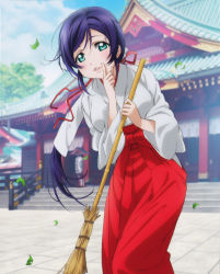 Rule 34 | 10s, 1girl, absurdres, aqua eyes, artist request, blue hair, blush, broom, day, green eyes, hair ribbon, hakama, hakama skirt, highres, index finger raised, japanese clothes, leaning forward, long hair, looking at viewer, love live!, love live! school idol festival, love live! school idol project, miko, outdoors, parted lips, ponytail, purple hair, red hakama, red ribbon, ribbon, shrine, skirt, sky, smile, solo, tojo nozomi, tree