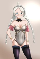 Rule 34 | 1girl, absurdres, ahoge, alternate costume, bare shoulders, black thighhighs, blue eyes, bracelet, breasts, closed mouth, detached collar, fire emblem, fire emblem fates, hairband, hand on own hip, highres, jewelry, looking at viewer, medium breasts, nina (fire emblem), nintendo, parted bangs, solo, thighhighs, turtleneck, upper body, zipperqr