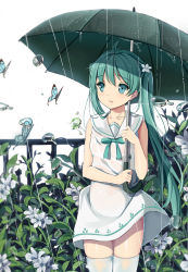 Rule 34 | 1girl, 7lark, bug, butterfly, dress, flower, green eyes, green hair, hatsune miku, insect, long hair, matching hair/eyes, railing, rain, sailor dress, solo, thighhighs, twintails, umbrella, very long hair, vocaloid, white background, white thighhighs