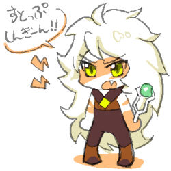 Rule 34 | 1girl, angry, bad id, bad pixiv id, chibi, dokur01, female focus, full body, japanese text, jasper (steven universe), lowres, simple background, solo, steven universe, translated, white background, white hair, yellow eyes