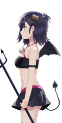 Rule 34 | 1girl, absurdres, arm strap, bandeau, bare shoulders, black hair, black skirt, breasts, closed mouth, cowboy shot, demon girl, demon horns, demon tail, demon wings, from side, gabriel dropout, hair ornament, hairclip, highres, holding, horns, medium breasts, midriff, miniskirt, polearm, profile, purple eyes, revealing clothes, short hair, simple background, skirt, sleeveless, smile, solo, sounuryu ta, spaghetti strap, standing, tail, thighs, trident, underboob, vignette tsukinose april, weapon, white background, wings, x hair ornament
