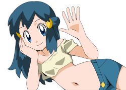 Rule 34 | 1girl, blue eyes, blue hair, breasts, casual, creatures (company), dawn (pokemon), female focus, game freak, hainchu, looking at viewer, midriff, navel, nintendo, pokemon, pokemon (anime), pokemon dppt (anime), salute, small breasts, smile, stomach