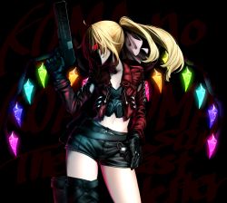 Rule 34 | 1girl, aged up, alternate hairstyle, asymmetrical legwear, black gloves, black shorts, blonde hair, bow, closed mouth, commentary request, crystal, flandre scarlet, gloves, glowing, glowing crystal, glowing eye, gun, hair bow, hand in pocket, hand up, handcannon, handgun, holding, holding gun, holding weapon, jacket, long hair, long sleeves, looking at viewer, midriff, navel, open clothes, open jacket, ponytail, red eyes, red jacket, rion (glayjirobass), shaded face, shirt, short shorts, shorts, sideways glance, single thighhigh, solo, standing, thighhighs, touhou, uneven legwear, weapon, wings