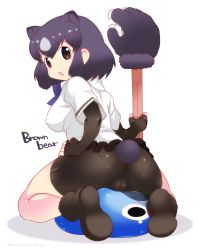 Rule 34 | 10s, 1girl, animal ears, ass, bear ears, bear tail, bike shorts, black gloves, blush, boots, breasts, brown bear (kemono friends), brown eyes, cameltoe, cellien (kemono friends), elbow gloves, fingerless gloves, gloves, highres, kemono friends, large breasts, looking at viewer, looking back, mudou eichi, open mouth, pantylines, paw stick, polearm, purple hair, short hair, simple background, solo, tail, weapon, white background