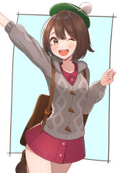 Rule 34 | 1girl, :d, arm up, backpack, bag, blue background, blush, bob cut, border, brown bag, brown eyes, brown footwear, brown hair, cable knit, cardigan, commentary, cowboy shot, creatures (company), dot nose, dress, eyelashes, facing viewer, game freak, gloria (pokemon), green hat, grey cardigan, hair strand, happy, hat, highres, leg up, long sleeves, looking at viewer, microskirt, nintendo, one eye closed, open mouth, outside border, pink dress, pokemon, pokemon swsh, short hair, skirt, smile, solo, tam o&#039; shanter, tanbonota46, waving, white border, wink
