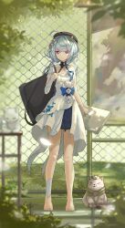 1girl absurdres ahoge alternate_costume bag bare_legs barefoot beret blue_hair can_(honkai_impact) cat feet flower griseo griseo_(starry_impression) hair_flower hair_ornament hat highres holding holding_bag honkai_(series) honkai_impact_3rd legs long_hair looking_at_viewer outdoors smile toes vvna9