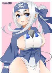 Rule 34 | 1girl, ainu clothes, bandana, blue eyes, blush, border, breasts, cropped jacket, dress, folded ponytail, hair between eyes, headband, highres, kamoi (kancolle), kantai collection, large breasts, long hair, long sleeves, looking at viewer, nalice906i, open mouth, pelvic curtain, pink background, sideboob, smile, solo, thick eyebrows, twitter username, white border, white hair, wrist guards