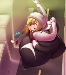 Rule 34 | 1girl, absurdres, blonde hair, blue eyes, blush, breasts, fat, gwen stacy, highres, hood, hoodie, huge breasts, large breasts, looking back, marvel, obese, open mouth, solo, spider-gwen, thick thighs, thighs, trinity-fate62