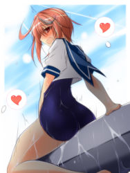 Rule 34 | 10s, 1girl, ahoge, arm up, blush, brown hair, cloud, day, flower, hair flower, hair ornament, i-58 (kancolle), kantai collection, one-piece swimsuit, personification, red eyes, riding, school swimsuit, school uniform, serafuku, sky, solo, straddling, swimsuit, swimsuit under clothes, torpedo, umesato yukino, water