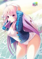Rule 34 | 1girl, amisu, beach, breasts, food, hata no kokoro, leaning forward, long hair, long sleeves, one-piece swimsuit, open clothes, open shirt, pink hair, popsicle, purple eyes, school swimsuit, see-through, shirt, solo, standing, swimsuit, swimsuit under clothes, touhou, towel, towel on head, very long hair, wet, wet clothes, wet swimsuit, white one-piece swimsuit