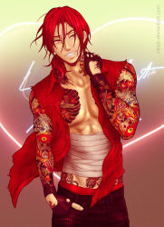 Rule 34 | 10s, 1boy, fingerless gloves, free!, gloves, gradient background, hand on shoulder, male focus, matsuoka rin, open clothes, open shirt, ralipb, red eyes, red hair, shirt, short hair, smile, tattoo