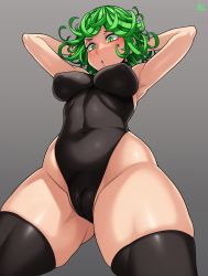 Rule 34 | 1girl, :o, absurdres, alternate breast size, armpits, arms behind head, artist name, black leotard, black thighhighs, breasts, cameltoe, chestnut mouth, covered erect nipples, covered navel, curly hair, curvy, female focus, from below, gluteal fold, gradient background, green eyes, green hair, grey background, highleg, highleg leotard, highres, jmg, leotard, light blush, looking down, matching hair/eyes, medium breasts, one-punch man, shiny skin, short hair, simple background, skindentation, solo, tatsumaki, thick thighs, thighhighs, thighs, thong leotard, white background, wide hips