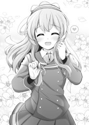Rule 34 | 1girl, ^ ^, bow, bowtie, closed eyes, closed eyes, flower, greyscale, hair ornament, hairband, heart, jacket, kantai collection, long hair, long sleeves, monochrome, open mouth, petals, pleated skirt, ponytail, rui shi (rayze ray), school uniform, skirt, smile, solo, wavy hair, yamagumo (kancolle)