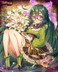 Rule 34 | 1girl, :d, back bow, blush, bouquet, bow, brown footwear, commission, commissioner name, dress, flower, frilled dress, frilled sleeves, frills, glasses, green hair, green socks, hair bow, holding, holding bouquet, lily (flower), long hair, long sleeves, looking at viewer, munlu (wolupus), open mouth, original, pink bow, purple eyes, round eyewear, signature, skeb commission, smile, socks, solo, teeth, upper teeth only
