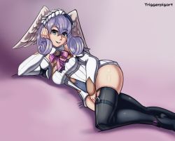 Rule 34 | 1girl, absurdres, bird wings, blue eyes, hand on face, head accessory, head wings, highres, lying, melia antiqua, ribbon, silver hair, thighhighs, thighs, triggerpigart, wings, xenoblade chronicles 1, xenoblade chronicles (series)