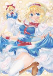 Rule 34 | 2girls, alice margatroid, blonde hair, blue eyes, bow, brown footwear, closed mouth, clothes lift, commentary request, dress, dress lift, hair bow, hairband, high heels, highres, lifted by self, lolita hairband, looking at viewer, mdn tsugumi, multiple girls, red bow, red hairband, shanghai doll, smile, thighhighs, touhou, traditional media, white thighhighs, yellow background