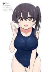 1girl akamine_ten blue_one-piece_swimsuit blush breasts brown_eyes brown_hair collarbone commentary_request covered_navel cowboy_shot hair_between_eyes hair_ornament hairclip hand_up highres kooei long_hair looking_at_viewer love_live! love_live!_nijigasaki_high_school_idol_club love_live!_nijigasaki_high_school_idol_club_kanketsu-hen medium_breasts one-piece_swimsuit open_mouth school_swimsuit screenshot_inset side_ponytail solo swimsuit wet white_background