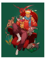 Rule 34 | 1boy, absurdres, alternate costume, antlers, bad id, bad weibo id, bara, bespectacled, blonde hair, blue scarf, blush, box, cat, christmas, couch, creature, dragon, facial hair, fake facial hair, fake mustache, full body, gift, gift box, glasses, goatee, gyee, hand up, hat, highres, horns, kuroshima kurishiro (muyi24108414), male focus, mature male, on couch, original, pants, red pants, reindeer antlers, romg, round eyewear, santa hat, scar, scar across eye, scarf, short hair, sideburns, sitting, smile, socks, solo, sweater, thick eyebrows, undercut