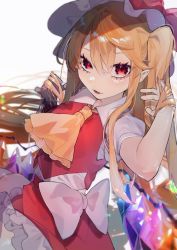 Rule 34 | 1girl, absurdly long hair, absurdres, alternate hair length, alternate hairstyle, ascot, blonde hair, blurry, blush, bow, crystal, depth of field, fang, flandre scarlet, frills, hair between eyes, hair flowing over, hat, hat bow, hat ribbon, highres, kappa mame, light smile, long hair, looking at viewer, mob cap, nail polish, one side up, parted lips, pointy ears, puffy short sleeves, puffy sleeves, red eyes, red skirt, red vest, ribbon, shirt, short sleeves, skirt, skirt set, solo, thighhighs, touhou, very long hair, vest, white hat, white shirt, wings
