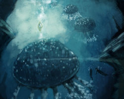Rule 34 | animal, blue theme, bubble, canking, jellyfish, oversized animal, scenery, swimming, underwater