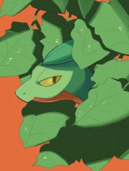 Rule 34 | brown eyes, closed mouth, colored sclera, commentary request, creatures (company), from side, game freak, gen 3 pokemon, gogot, grovyle, highres, leaf, looking back, nintendo, no humans, orange background, pokemon, pokemon (creature), simple background, solo, yellow sclera