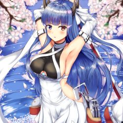 Rule 34 | 1girl, armpits, arms behind head, azur lane, blue eyes, blue hair, blush, breasts, buran (22x), cherry blossoms, collarbone, covered navel, detached sleeves, floating hair, glowing, glowing eyes, hair ribbon, heterochromia, highres, holding, holding sword, holding weapon, horns, ibuki (azur lane), large breasts, long hair, long sleeves, looking at viewer, machinery, open mouth, outdoors, petals, red eyes, ribbon, sideboob, sidelocks, sky, solo, standing, sword, turret, very long hair, water, weapon, white ribbon, wide sleeves