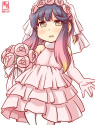 Rule 34 | 1girl, alternate costume, artist logo, bouquet, bridal veil, bride, commentary request, cowboy shot, dated, dress, elbow gloves, flower, gloves, gradient hair, kanon (kurogane knights), kantai collection, looking at viewer, multicolored hair, one-hour drawing challenge, pantyhose, purple eyes, purple hair, revision, rose, short hair, short hair with long locks, sidelocks, simple background, solo, standing, tareme, tsushima (kancolle), veil, wedding dress, white background, white dress, white flower, white gloves, white pantyhose, white rose