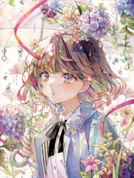 Rule 34 | 1girl, black bow, black bowtie, blue jacket, bow, bowtie, brown hair, closed mouth, flower, food, fruit, grapes, green hair, hair flower, hair ornament, highres, holding, holding umbrella, hydrangea, jacket, leaf, looking at viewer, multicolored eyes, multicolored hair, nail polish, orange flower, orange hair, original, painting (medium), plant, purple flower, purple nails, red hair, shirt, short hair, solo, streaked hair, tearing up, traditional media, twitter username, umbrella, upper body, water drop, watercolor (medium), watermark, white background, white shirt, yukoring