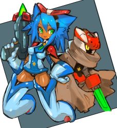Rule 34 | 1girl, :d, blue hair, boots, breasts, cape, cloak, commentary request, dakusuta, dark skin, elbow gloves, energy gun, facial mark, full body, gloves, green eyes, hair between eyes, hand on own hip, highres, holding, holding weapon, medium breasts, medium hair, open mouth, original, ray gun, robot, simple background, smile, spiked hair, thigh boots, thighhighs, weapon