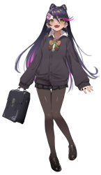 Rule 34 | + +, 1girl, alternate costume, artist name, bag, black cardigan, black footwear, black hair, black pantyhose, black skirt, bow, bowtie, brown eyes, callie (splatoon), cardigan, diagonal-striped bow, diagonal-striped bowtie, diagonal-striped clothes, diagonal-striped neckwear, dress shirt, earrings, fang, food, food-themed hair ornament, full body, green bow, green bowtie, hair between eyes, hair ornament, highres, holding, humanization, inkling, jewelry, loafers, long hair, looking at viewer, makeup, miniskirt, mole, mole under eye, multicolored hair, multicolored stripes, nintendo, open mouth, pantyhose, pink bow, pink bowtie, pleated skirt, puchiman, purple hair, school bag, school uniform, shirt, shoes, signature, simple background, skin fang, skirt, sleeves past wrists, smile, solo, standing, standing on one leg, streaked hair, striped bow, striped bowtie, striped clothes, striped neckwear, sushi, swept bangs, thigh gap, white background, white shirt, wing collar