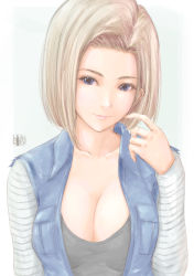 Rule 34 | 1girl, absurdres, android 18, bad id, bad pixiv id, blonde hair, blue eyes, breasts, cleavage, dragon ball, dragonball z, highres, large breasts, lipstick, makeup, pink lips, signature, smile, solo, sweetsoupman, upper body