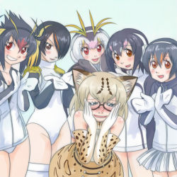 Rule 34 | 10s, 6+girls, animal ears, animal print, bare shoulders, black hair, blonde hair, blush, bow, bowtie, cat ears, cat tail, elbow gloves, emperor penguin (kemono friends), gentoo penguin (kemono friends), glasses, gloves, hair between eyes, hair over one eye, hands on own face, headphones, humboldt penguin (kemono friends), jacket, kemono friends, leotard, leotard under clothes, long hair, looking at viewer, low twintails, margay (kemono friends), multicolored hair, multiple girls, open mouth, penguins performance project (kemono friends), pink hair, pleated skirt, red eyes, red hair, rockhopper penguin (kemono friends), royal penguin (kemono friends), shirt, short hair, skirt, sleeveless, smile, t jiroo (ringofriend), tail, thighhighs, twintails, two-tone hair, white hair, white legwear