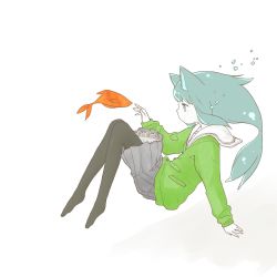 Rule 34 | 1girl, animal, animal ears, black pantyhose, blue eyes, blue hair, bubble, cat ears, closed mouth, colored skin, diode (0 division), fins, fish, floating, full body, green sweater, grey skirt, hand up, highres, knees up, long hair, long sleeves, looking at animal, no shoes, original, pantyhose, pleated skirt, sailor collar, simple background, skirt, sleeves past wrists, solo, sweater, tareme, white background, white sailor collar, white skin