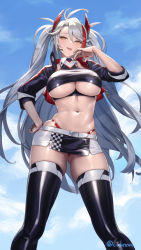 Rule 34 | 1girl, ahoge, artist name, azur lane, belt, boots, breasts, cloud, cloudy sky, commentary request, covered erect nipples, cropped jacket, cuboon, day, gluteal fold, hair ornament, hand on own hip, hand up, headset, highleg, highleg panties, jacket, large breasts, long hair, looking at viewer, midriff, miniskirt, multicolored hair, navel, official alternate costume, open clothes, open jacket, outdoors, panties, prinz eugen (azur lane), prinz eugen (final lap) (azur lane), red hair, shiny clothes, shiny skin, silver hair, simple background, skirt, sky, smile, stomach, thigh boots, thighhighs, tongue, tongue out, underboob, underwear, yellow eyes