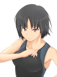 Rule 34 | 1girl, adjusting clothes, adjusting swimsuit, amagami, bare shoulders, black hair, breasts, brown eyes, competition swimsuit, female focus, highres, mgoh2, nanasaki ai, one-piece swimsuit, short hair, simple background, solo, swimsuit, white background