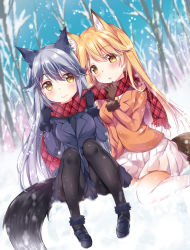 Rule 34 | 10s, 2girls, :o, animal ears, black pantyhose, blonde hair, blue gloves, blue jacket, blue sky, blurry, blurry background, blush, breasts, brown gloves, closed mouth, commentary request, day, depth of field, dutch angle, ezo red fox (kemono friends), forest, fox ears, fox tail, fur trim, gloves, grey hair, hair between eyes, jacket, kemono friends, long hair, long sleeves, looking at another, looking at viewer, medium breasts, multiple girls, murasakio, nature, orange jacket, pantyhose, parted lips, pleated skirt, silver fox (kemono friends), sitting, skirt, sky, smile, snow, snowing, tail, tree, white skirt, yellow eyes