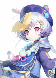 Rule 34 | 1girl, bead necklace, beads, blush, chinese clothes, coin, cropped, earrings, genshin impact, hat, highres, jewelry, light purple hair, long hair, necklace, parted lips, pink eyes, purple hat, qingdai guanmao, qiqi (genshin impact), simple background, solo, soyoong jun, talisman, white background