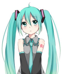 Rule 34 | 1girl, detached sleeves, green eyes, green hair, hatsune miku, long hair, matching hair/eyes, mirin, necktie, simple background, solo, tattoo, twintails, very long hair, vocaloid, white background
