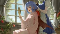 Rule 34 | 2girls, absurdres, apron, bat wings, blue dress, blue hair, blush, braid, brown wings, chair, commentary, dress, english commentary, flower, frilled apron, frilled sleeves, frills, goback, grey hair, highres, holding, holding mirror, indoors, izayoi sakuya, long sleeves, maid apron, mirror, multiple girls, open mouth, pink dress, puffy short sleeves, puffy sleeves, red eyes, red flower, red rose, remilia scarlet, rose, shirt, short hair, short sleeves, sitting, smile, touhou, twin braids, waist apron, white apron, white shirt, wide sleeves, wings