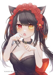 Rule 34 | 1girl, alternate costume, animal collar, animal ear fluff, animal ears, bare shoulders, bell, black hair, blush, bow, breasts, cat ears, cleavage, clock eyes, collar, date a live, dress, esther 0418, fang, hairband, heterochromia, jingle bell, lolita hairband, long hair, looking at viewer, medium breasts, open mouth, paw pose, photoshop (medium), red eyes, ribbon, solo, symbol-shaped pupils, tokisaki kurumi, twintails, yellow eyes