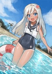 Rule 34 | 1girl, :d, absurdres, bare shoulders, beach, blue eyes, blue sky, blush, bracelet, breasts, cloud, collarbone, commentary request, crop top, day, flower, hair flower, hair ornament, head tilt, highres, holding, jewelry, kantai collection, lifebuoy, long hair, looking at viewer, one-piece swimsuit, one-piece tan, open mouth, outdoors, pocari (sq551), ro-500 (kancolle), sailor collar, school swimsuit, school uniform, serafuku, sky, smile, solo, standing, swim ring, swimsuit, swimsuit under clothes, tan, tanline, tree, wading, water