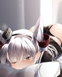Rule 34 | 1girl, amatsukaze (kancolle), ass, black panties, blush, brown dress, brown eyes, couch, dress, hair between eyes, hair ornament, hair tubes, hairband, headgear, highres, kantai collection, long hair, looking at viewer, lying, on couch, on stomach, one eye closed, panties, sailor dress, short dress, silver hair, solo, two side up, underwear, zetsuriinu (kairyougata)