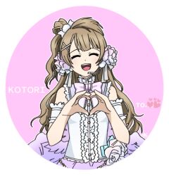 Rule 34 | 1girl, bow, bowtie, brown hair, center frills, closed eyes, detached sleeves, flower, force (4sk force), frilled shirt, frilled sleeves, frills, hair bow, hair flower, hair ornament, hairclip, long hair, love live!, low wings, lowres, microphone, minami kotori, one side up, open mouth, shirt, short sleeves, single hair ring, smile, solo, upper body, very long hair, white bow, white bowtie, white footwear, white shirt, wings