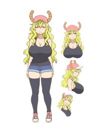 Rule 34 | 10s, 1girl, ^ ^, arms behind back, bare shoulders, black thighhighs, blonde hair, blue shorts, blush, breasts, character sheet, cleavage, closed eyes, closed mouth, collarbone, converse, cowboy shot, curvy, dragon girl, hat, horns, huge breasts, kobayashi-san chi no maidragon, long hair, looking at viewer, lucoa (maidragon), monster girl, multiple views, official art, red headwear, shoes, shorts, simple background, skindentation, smile, sneakers, tank top, thighhighs, very long hair, wavy hair, white background, zettai ryouiki