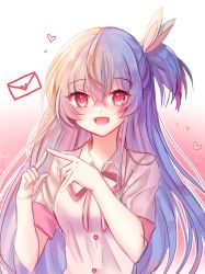 Rule 34 | 1girl, 723/nanahumi, :d, bad id, bad pixiv id, blush, floating hair, hair between eyes, hair ornament, heart, highres, letter, long hair, looking at viewer, neck ribbon, one side up, open mouth, original, pink ribbon, red eyes, ribbon, shirt, short sleeves, silver hair, sketch, smile, solo, upper body, very long hair, white shirt